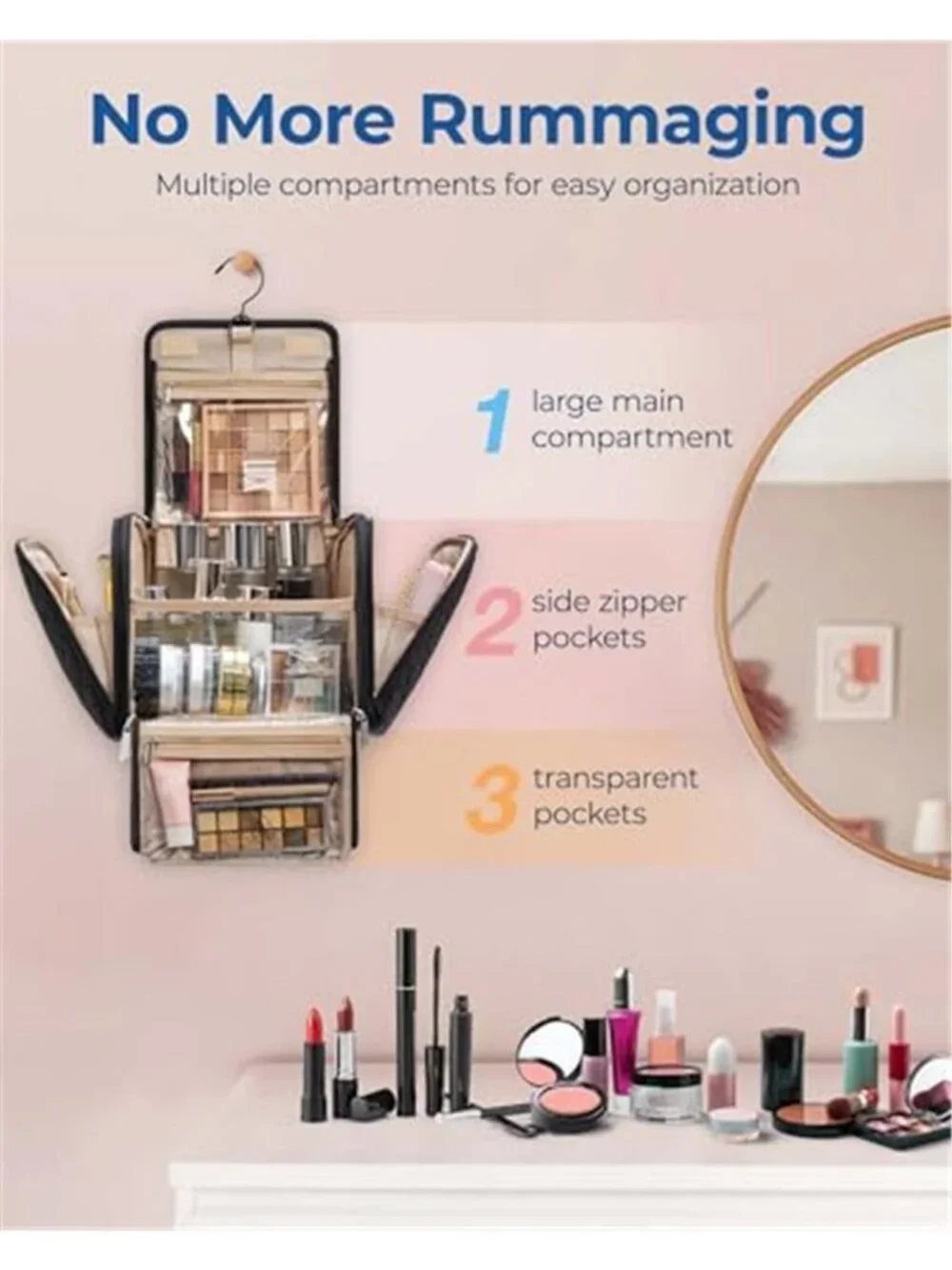 Makeup Bag for Women with Hanging Hook - Portable Cosmetic Case, Large Capacity